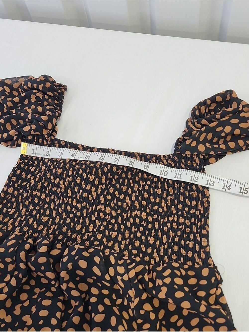 O.P.T. Black Brown Smocked Long Sleeve Midi Dress XL NWT Cottage Flowy Polka Dot - Picture 7 of 9